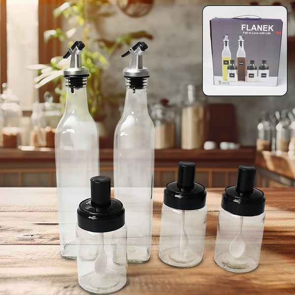 Transparent Glass Oil Dispenser 500 ML Bottle Set of 2, Spice Jar 250 ML Set of 3, Oil Bottle for Kitchen, Oil & Vinegar Storage Glass Bottle, Glass Container for Spice, Masala (5 Pcs Set) the24kgal