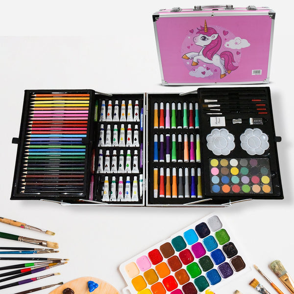 17980 Professional Art Set-Drawing Painting Sketching Coloring Kids Set All in 1 Art Case Perfect for Kids with Unicorn Design Case, Shading Crayons Oil Pastels Color Set Watercolor Cakes Paint Brush Sharpener Eraser (145 Pcs Set) the24kgal