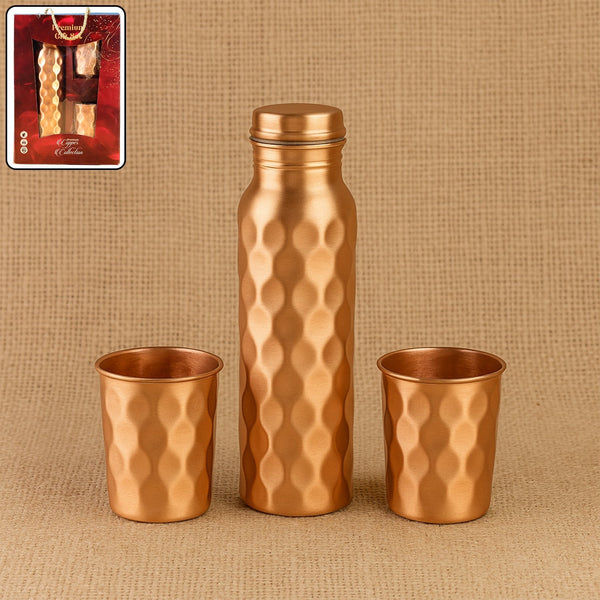 Diamond Cut Copper Water Bottle 2 Glasses with Gift Box (3 Pcs Set) the24kgal