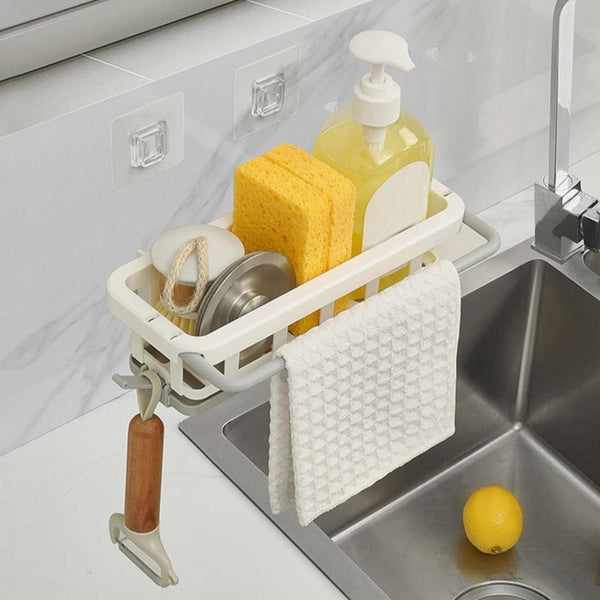 Multipurpose Platic Hanging Drain Rack Retractable Sponge Storage Hanging Rack With Adhesive Hook for Kitchen and Bathroom Dishcloth Holders Basket Drying Tray Organizer the24kgal