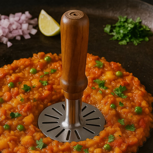 Stainless Steel Potato Masher, Pav Bhaji Masher with wooden handle the24kgal