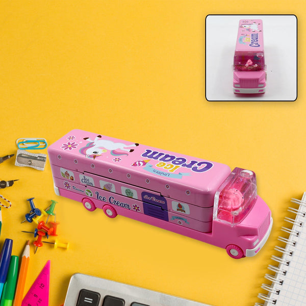 Double Decker Magic Truck Compass Multi Level Metal Truck Compass Pencil Case with Movable Wheels & Sharpener (Mix Design) the24kgal
