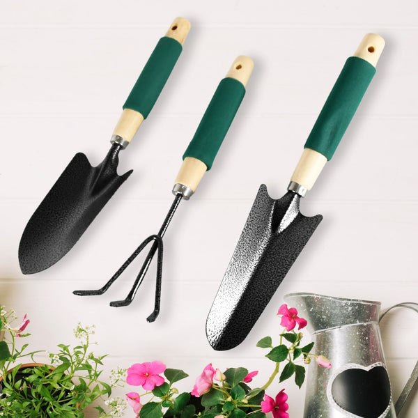 Gardening Tools - Hand Cultivator, Trowel, Heavy Duty with Ergonomic Wooden Handle for Transplanting and Digging (3 Pcs Set) the24kgal