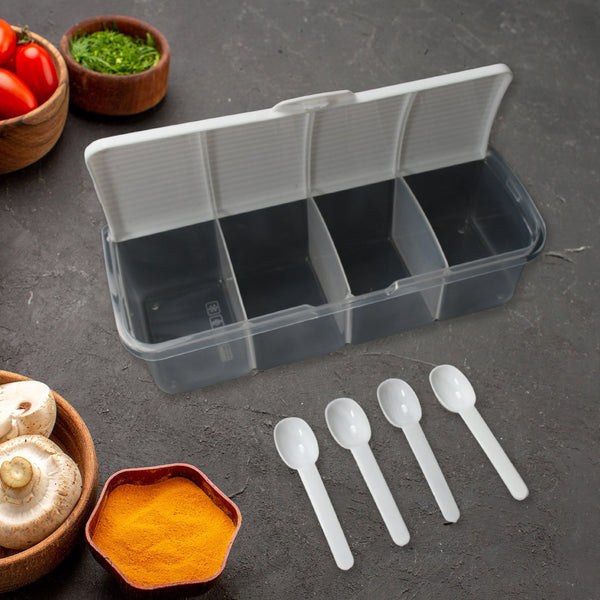 Kitchen Multipurpose Air-tight 4 Sections Storage Containers / Masala Box Pickle (Achar) Jar with 4 spoon for each section (1 Pc / Mix Color) the24kgal