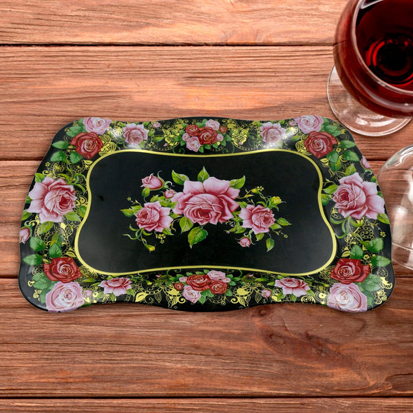 Stainless Steel Serving Tray With Flower Printed Rectangle Premium Dining Table Plate (18 x 8.5 Inch / 1 Pc) the24kgal