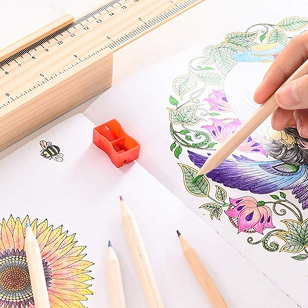 Colorful Wooden Pencil Set with Pencil box, Ruler, Sharpener For for Kids, Artist, Architect (12 Pcs Set) the24kgal