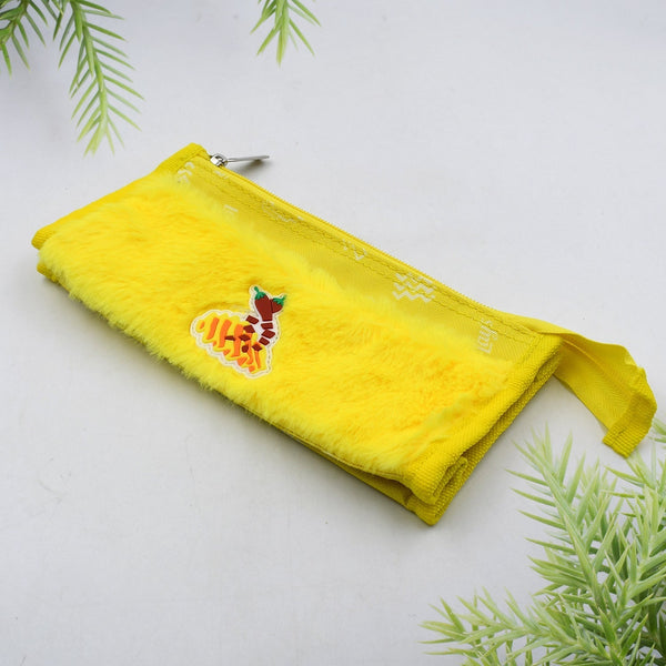 Yellow smart double pocket zipper pouch with soft fabric and carrot design for school and travel organization
