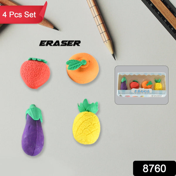 Mini Cute Veg & Fruit Erasers – 3D Colorful Eraser Set for Kids (4 Pc) the24kgal