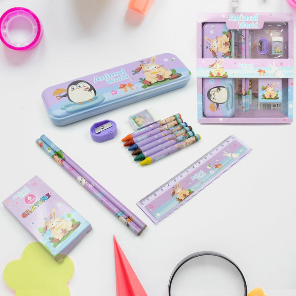 Stationery Kit for Kids - Metal Pencil Box, Sharpener, Pencil & Eraser (12 Pc Set) the24kgal