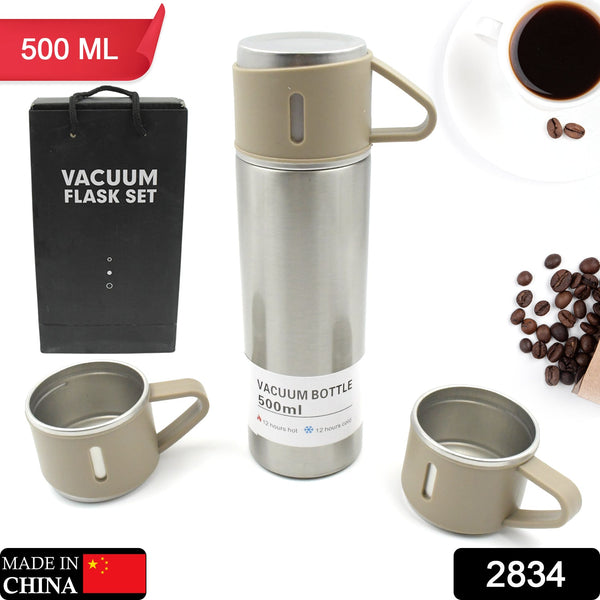 Stainless Steel Vacuum Flask Set with 3 Steel Cups Combo for Coffee Hot Drink and Cold Water Flask Ideal Gifting Travel Friendly Latest Flask Bottle. (500ml) the24kgal