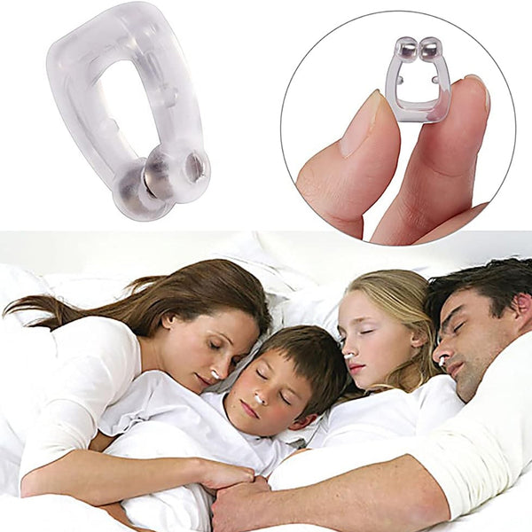 Silicone anti-snore nose clip with magnetic beads held between fingers, promoting peaceful sleep for heavy snorers.