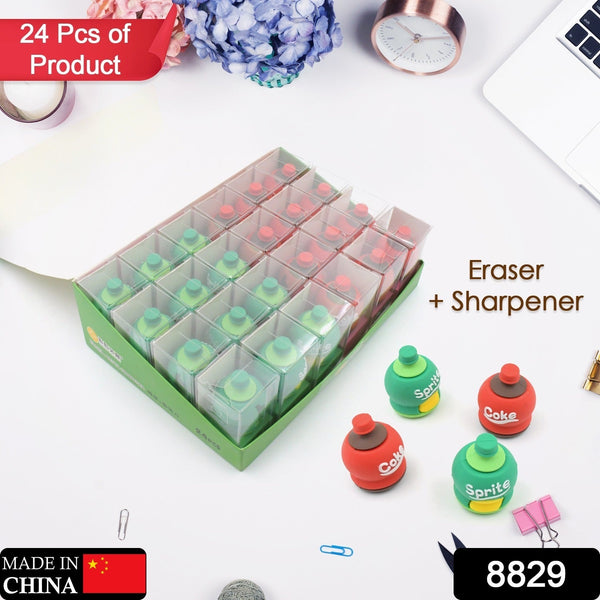 2-in-1 3D Cold Drink Bottle Shape Rubber Pencil Sharpener and Eraser Set, Stationery for Kids School Boys Girls, Birthday Return Gifts (24 Pcs Set ) the24kgal