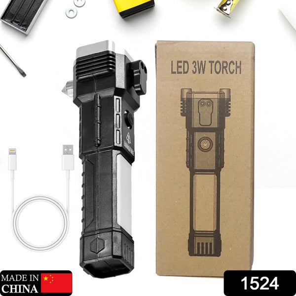 Portable 3w Rechargeable Torch LED Flashlight Long Distance Beam Range, Hammer and Strong Magnets, Window Glass and Seat Belt Cutter 4 Modes for Car Camping Hiking Indoor Outdoor the24kgal