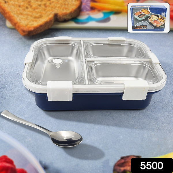3 Compartment Transparent Stainless Steel Lunch Box for Kids, Tiffin Box, Lunch Box, Lunch Box for Kids, Insulated Lunch Box, Lunch Box for Office Women and Men, Stainless Steel Tiffin Box for Boys, Girls, School Office (Multi Color) the24kgal