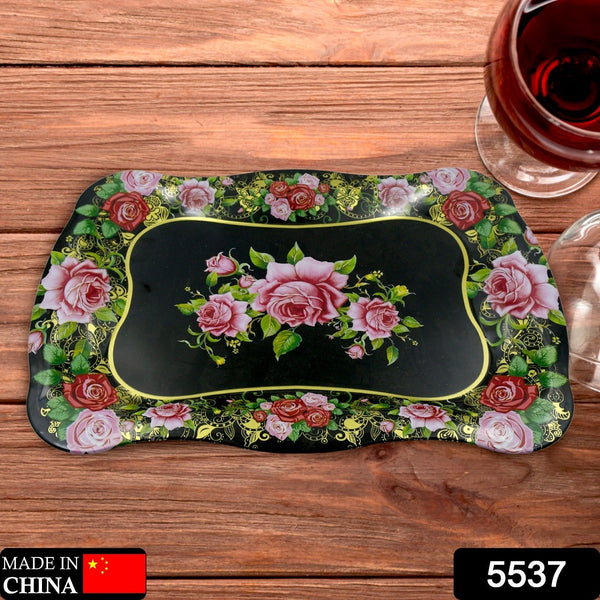Stainless Steel Serving Tray With Flower Printed Rectangle Premium Dining Table Plate (18 x 8.5 Inch / 1 Pc) the24kgal