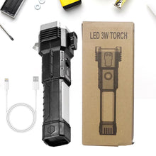 Portable 3w Rechargeable Torch LED Flashlight Long Distance Beam Range, Hammer and Strong Magnets, Window Glass and Seat Belt Cutter 4 Modes for Car Camping Hiking Indoor Outdoor the24kgal