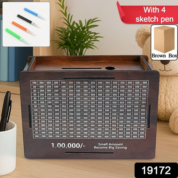 Wooden Money / Piggy Bank, Money Box (1 Pc / 4 sketch Pen) the24kgal