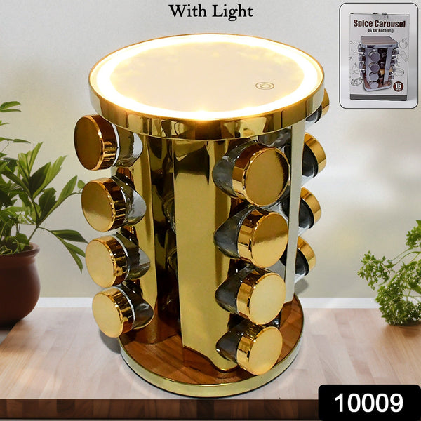LED Spice Rack Organizer, Rotating Spice Rack with Free 16 Seasoning Jars, Revolving Tower Organizer Stainless Steel for Kitchen Storage (Golden / 16 Pc / MOQ - 6 pc) the24kgal