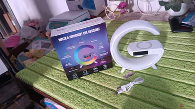 Smart Alarm Clock with G-Shape RGB Light Bluetooth Speaker, Wireless Charging (1 Pc) the24kgal