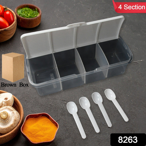 Kitchen Multipurpose Air-tight 4 Sections Storage Containers / Masala Box Pickle (Achar) Jar with 4 spoon for each section (1 Pc / Mix Color) the24kgal