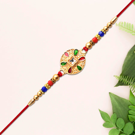 Traditional Circular Meenakari Rakhi With Multicolor Enamel Kundan Stone  Gold Beads Wukusy