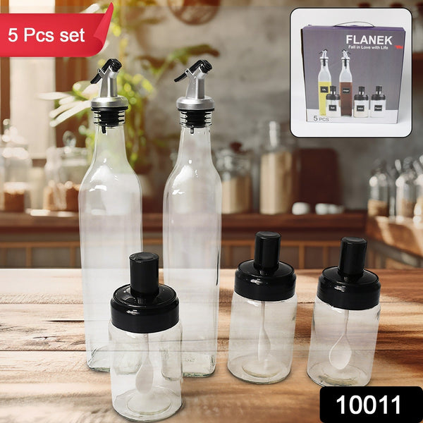 Transparent Glass Oil Dispenser 500 ML Bottle Set of 2, Spice Jar 250 ML Set of 3, Oil Bottle for Kitchen, Oil & Vinegar Storage Glass Bottle, Glass Container for Spice, Masala (5 Pcs Set) the24kgal