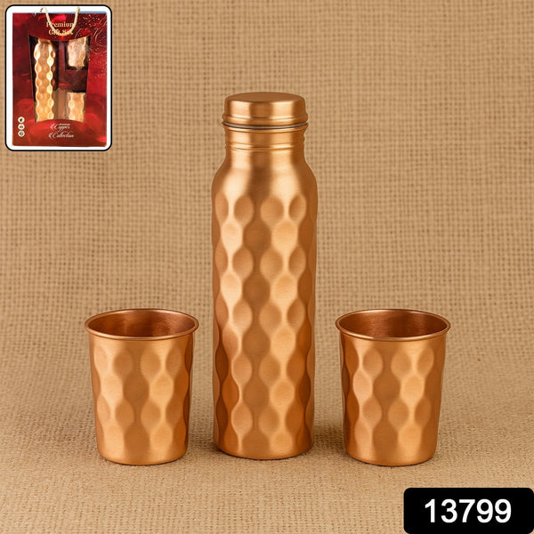 Diamond Cut Copper Water Bottle 2 Glasses with Gift Box (3 Pcs Set) the24kgal