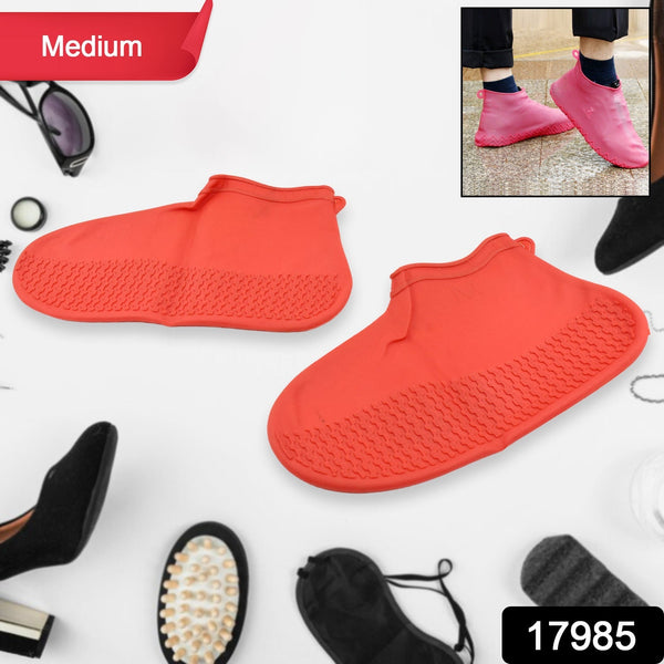 Non-Slip Silicone Rain Reusable Anti skid Waterproof Fordable Boot Shoe Cover (Medium Size / 1 Pair / Red) the24kgal