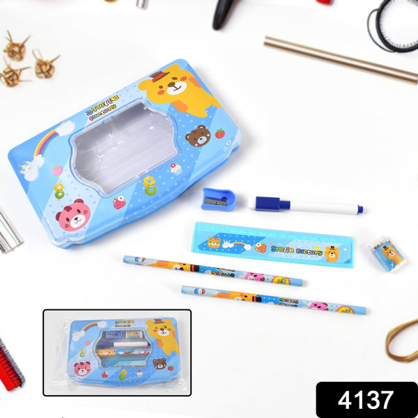 Cartoon Metal Compass Box for Kids with Stationery (6 Pc Set) the24kgal