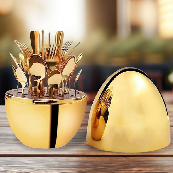 Premium Cutlery Set 24 Pcs with Oval Shaped Stand | Beautiful Stylish Oval Designed Cutlery Sets, Egg-Shaped Luxury Spoon Holder Set  (Golden / 24 pcs set) the24kgal