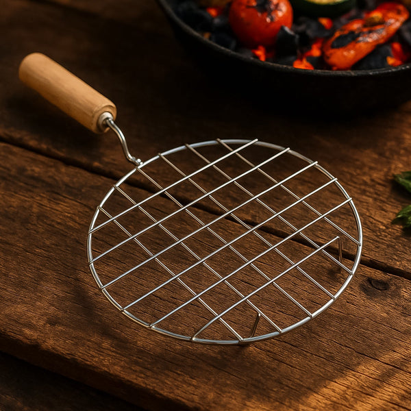 Kitchen Round Stainless Steel Roaster Papad Jali, Barbecue Grill with Wooden Handle the24kgal
