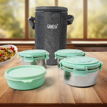 Ganesh 4In1 Tiffin Box-Lunch Box | 3 Stainless Steel Containers 300 Ml Approx & Plastic Salad Container 200 Ml Approx| Plastic lid Box | Round Zip Bag | Leak Proof | Microwave Safe for Office, College and School for Men, Women  the24kgal