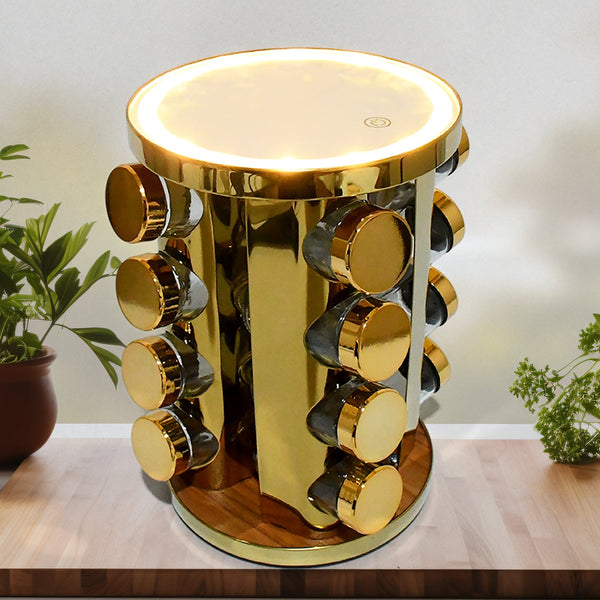 LED Spice Rack Organizer, Rotating Spice Rack with Free 16 Seasoning Jars, Revolving Tower Organizer Stainless Steel for Kitchen Storage (Golden / 16 Pc / MOQ - 6 pc) the24kgal