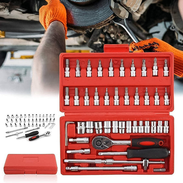 Socket 1 / 4 Inch Combination Repair Tool Kit (Red, 46 pcs) the24kgal