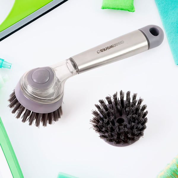 Cleaning Brushes Set, Scrub Brush Bathroom Brush, Long Handle Liquid Dispenser Pot Washing Brush the24kgal