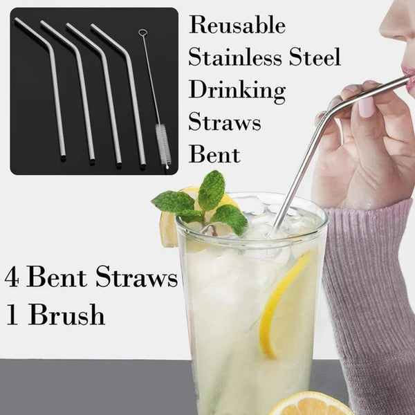 Reusable Stainless Steel Drinking Straws Bent (4 Bent Straws, 1 Brush) the24kgal