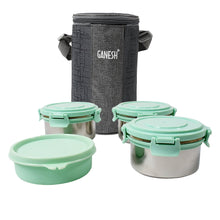 Ganesh 4In1 Tiffin Box-Lunch Box | 3 Stainless Steel Containers 300 Ml Approx & Plastic Salad Container 200 Ml Approx| Plastic lid Box | Round Zip Bag | Leak Proof | Microwave Safe for Office, College and School for Men, Women  the24kgal
