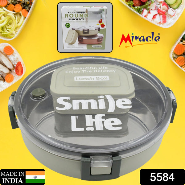 Miracle Stainless Steel Round Lunch Box, with Small Plastic Box Insert Leak Proof Lunch Box with Transparent lid, Lunch Box for Kids & Adults for School, Office (450 ML + 250 ML Approx) the24kgal