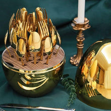 Premium Cutlery Set 24 Pcs with Oval Shaped Stand | Beautiful Stylish Oval Designed Cutlery Sets, Egg-Shaped Luxury Spoon Holder Set  (Golden / 24 pcs set) the24kgal