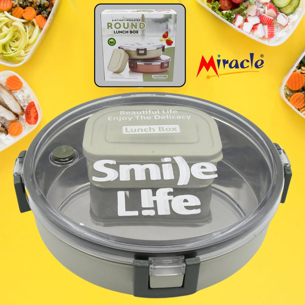 Miracle Stainless Steel Round Lunch Box, with Small Plastic Box Insert Leak Proof Lunch Box with Transparent lid, Lunch Box for Kids & Adults for School, Office (450 ML + 250 ML Approx) the24kgal