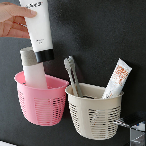 Hanging Plastic Storage Basket, Adhesive Wall Mounted Organizer Box Make Up Holder Shelf Bathroom Wall Basket Punch Free Drain Basket for Kitchen Bathroom, Wall Type Storage Basket (1 Pc) the24kgal