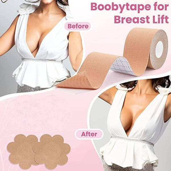 Boob Tape with Nipple Covers: Cotton, Breathable, Lift & Support (5m, 10 Pairs) the24kgal