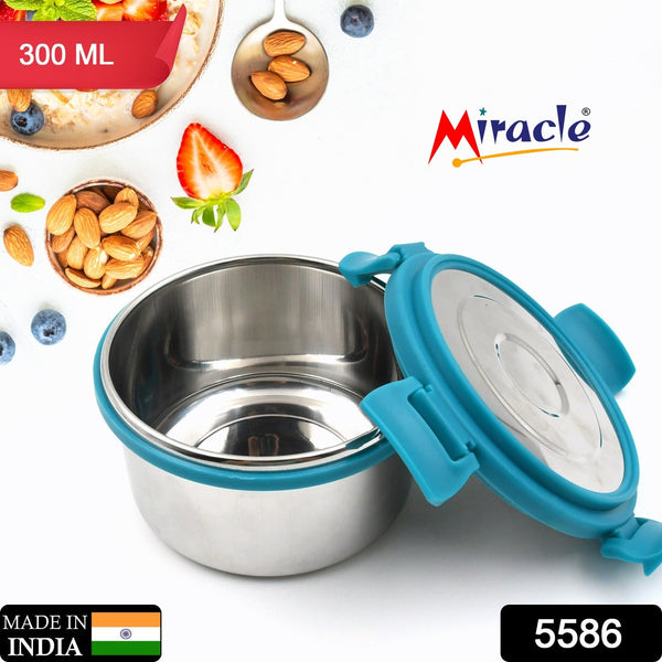 Miracle Solo round Lunch box High Grade Stainless Steel Double Wall Insulated 300ML Food Container 4 Lock Clip Leak Proof Lid, Best Return Gift for Any Occasion (1 Pc) the24kgal