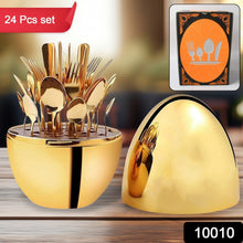 Premium Cutlery Set 24 Pcs with Oval Shaped Stand | Beautiful Stylish Oval Designed Cutlery Sets, Egg-Shaped Luxury Spoon Holder Set  (Golden / 24 pcs set) the24kgal