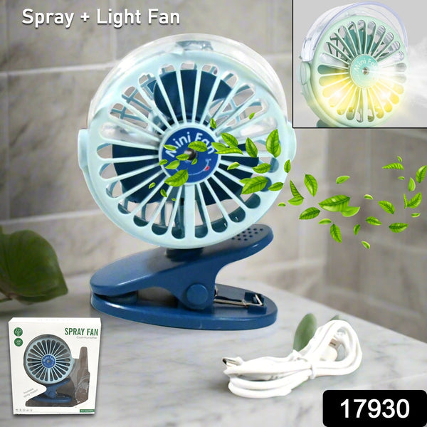 Portable Clip-on Fan, Battery Operated, With Light & Spray, Small Yet Powerful USB Table Fan, 3-Speed Quiet Rechargeable Mini Desk Fan, 360° Rotation, Personal Cooling Fan for Home, Office, Camping the24kgal