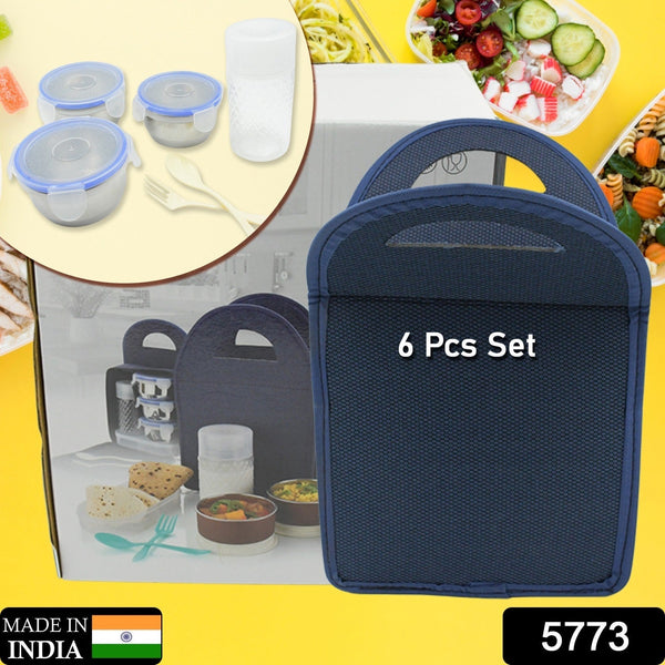 6In1 Tiffin Box-Lunch Box | 3 Stainless Steel Containers | Plastic lid Box | Spoon & Fork /Plastic Bottle | Insulated Fabric Bag | Leak Proof | Microwave Safe  for Office, College and School for Men, Women (6 pcs) the24kgal