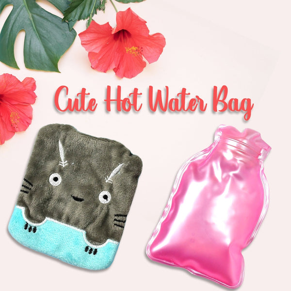 Grey Cat Print Small Hot Water Bag with Cover for Pain Relief the24kgal