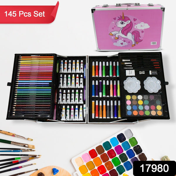 17980 Professional Art Set-Drawing Painting Sketching Coloring Kids Set All in 1 Art Case Perfect for Kids with Unicorn Design Case, Shading Crayons Oil Pastels Color Set Watercolor Cakes Paint Brush Sharpener Eraser (145 Pcs Set) the24kgal