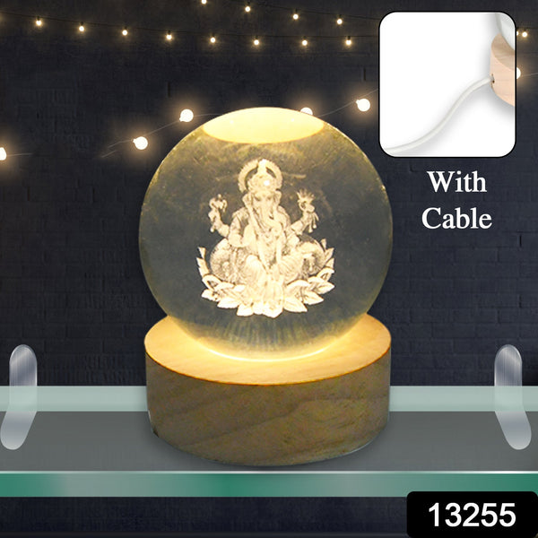 Ganpati 3D Crystal Ball lamps With Wood Base the24kgal