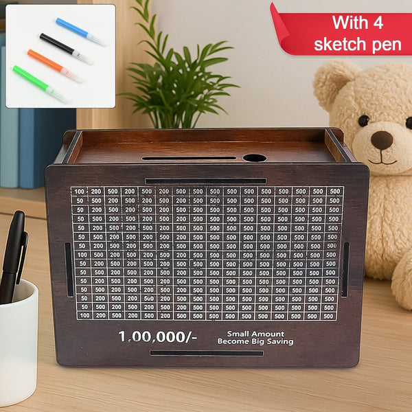 Wooden Money / Piggy Bank, Money Box (1 Pc / 4 sketch Pen) the24kgal